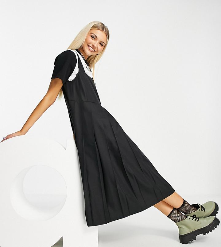 Collusion Pleated Midi Pinafore Dress In Black