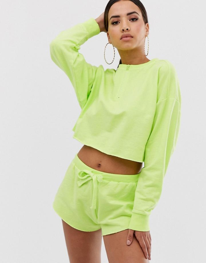 Asos Design Lounge Neon Raw Edge Long Sleeve Sweat & Short Set - Green