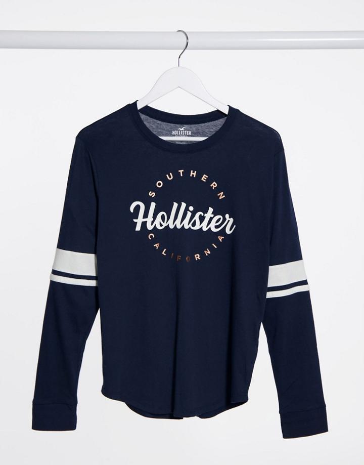 Hollister Front Logo Long Sleeve Tee In Navy