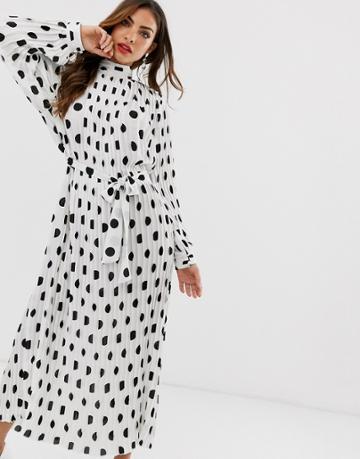 Forever U Collection Pleated Midaxi Dress In Polka Dot Print - Multi