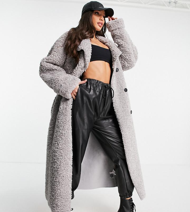 Asos Design Tall Bonded Shearling Trench Coat In Gray-grey