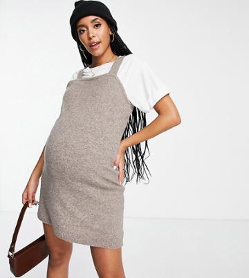 Pieces Maternity Knitted Pinafore Dress In Taupe-neutral