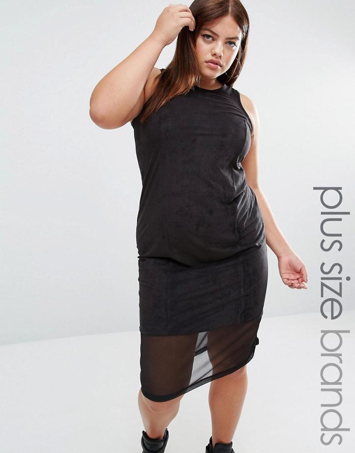 One One Three Suedette Midi Dress With Mesh Insert - Black