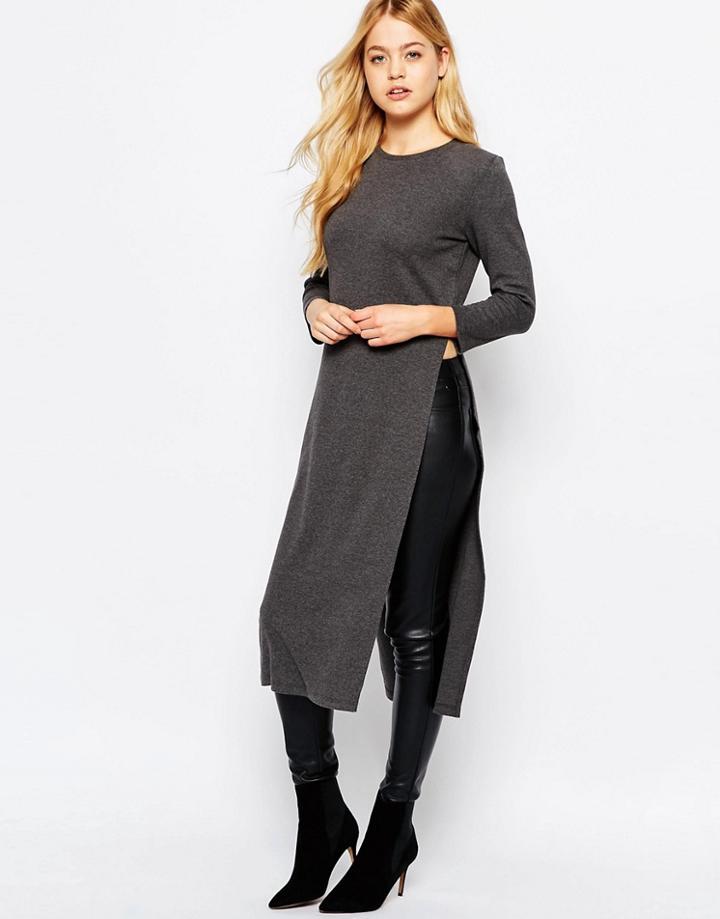 Jdy Longline Top With Side Splits - Dark Gray Melange