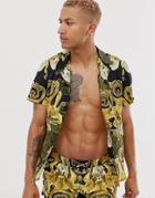Hermano Two-piece Revere Collar Shirt In All Over Print - Gold