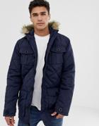 Brave Soul Quilted Parka Jacket With Faux Fur Trim Hood