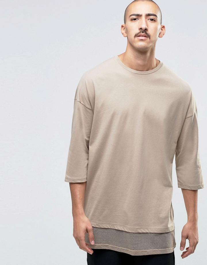 Asos Oversized 3/4 Sleeve T-shirt With Double Layer Mesh Hem - Beige