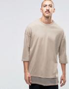 Asos Oversized 3/4 Sleeve T-shirt With Double Layer Mesh Hem - Beige