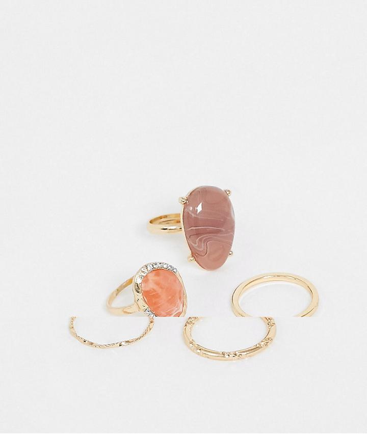 Asos Design Pack Of 5 Rings With Pink Stones And Crystal Detail In Gold Tone