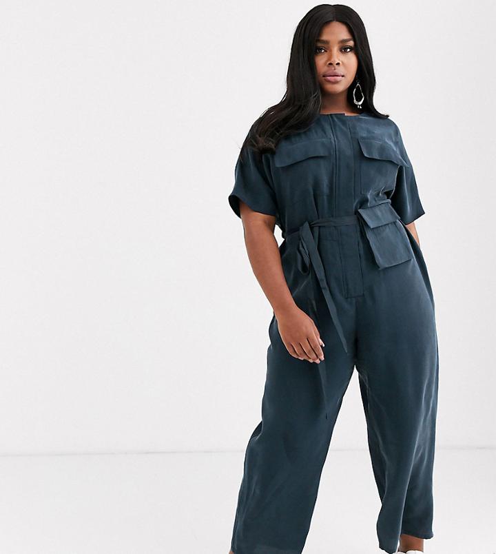 Asos Design Curve Minimal Boiler Jumpsuit With Detachable Fanny Pack-navy
