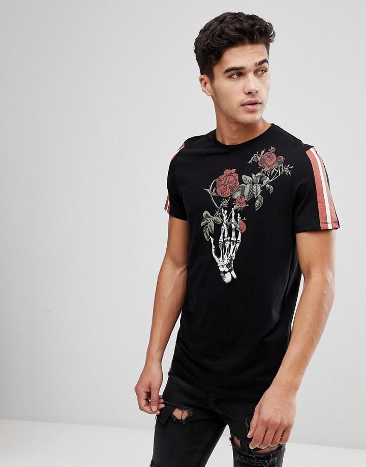 Stradivarius T-shirt With Rose And Skeleton Print In Black - Black