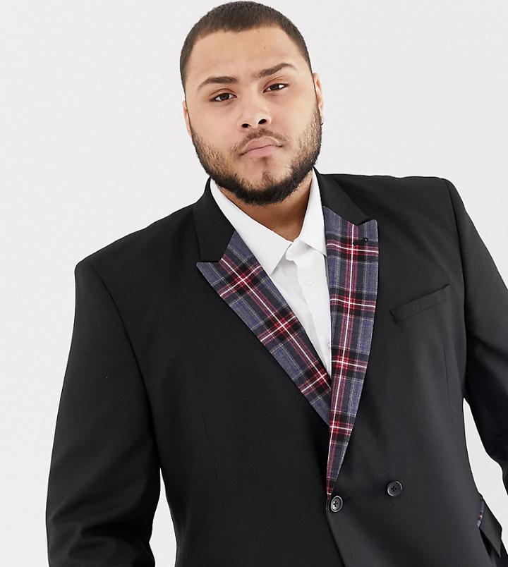 Asos Design Plus Skinny Double Breasted Blazer In Black With Checked Lapel