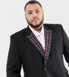 Asos Design Plus Skinny Double Breasted Blazer In Black With Checked Lapel