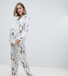 Asos Design Maternity Christmas Tree Traditional Shirt And Pants Pyjama Set In 100% Modal-white