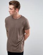 Brave Soul Longline T-shirt With Side Zips - Brown