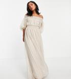 Asos Design Petite Off Shoulder Maxi Dress With Blouson Sleeve In Self Stripe In Stone-neutral