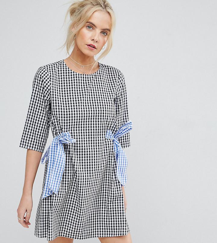 Asos Petite Gingham Shift Mini Dress With Bow Details - Multi