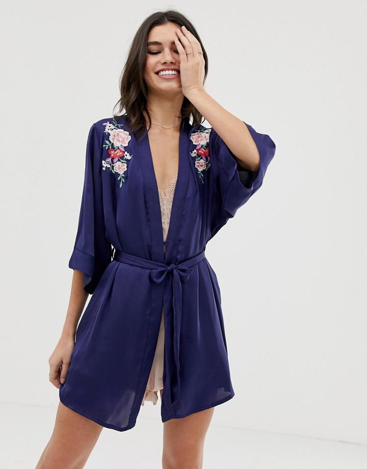 Dorina Akira Satin Embroidered Kimono In Dark Floral - Black