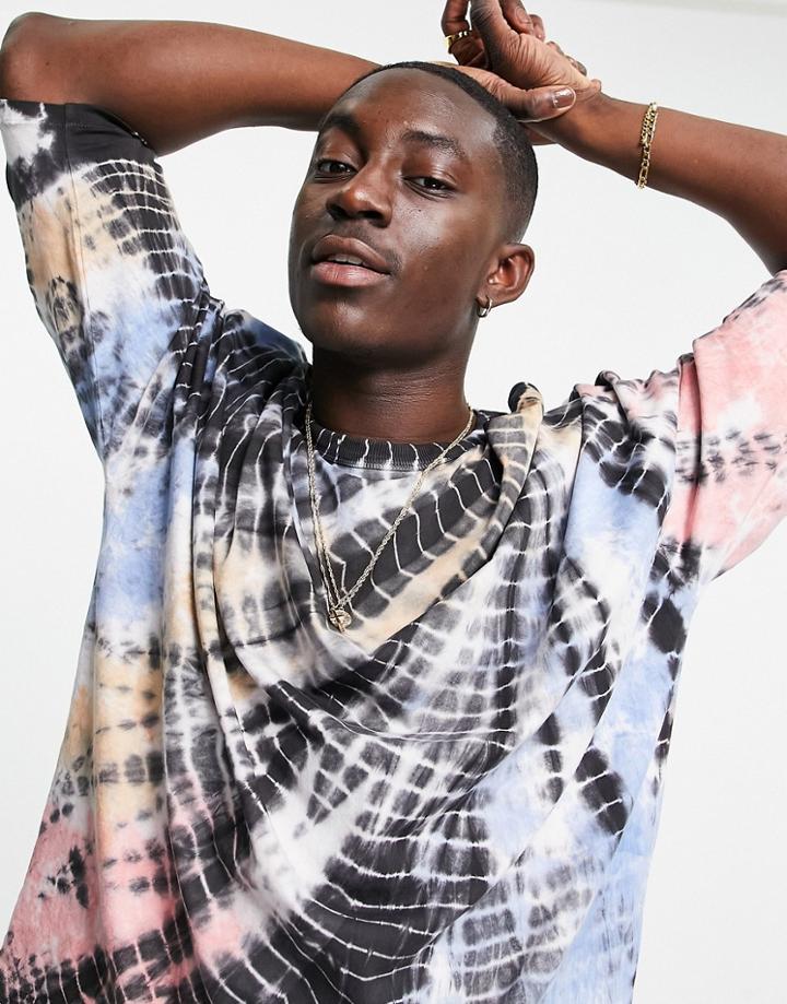 Asos Design Oversized T-shirt With 3/4 Sleeve In Pique Tie Dye - Part Of A Set-blues