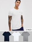 Hollister 3 Pack Crew Neck T-shirt Seagull Logo Slim Fit In White/gray/navy-multi