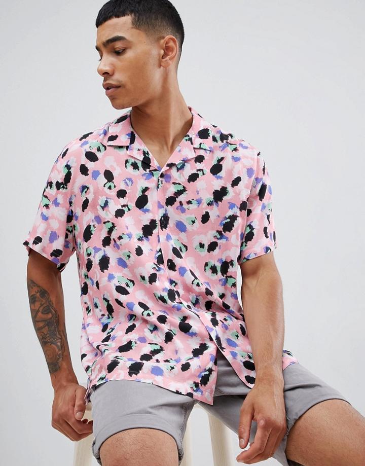 Asos Design Oversized Fit Viscose Shirt With Leaf Print And Revere Collar - Pink