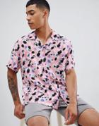 Asos Design Oversized Fit Viscose Shirt With Leaf Print And Revere Collar - Pink