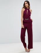 Little Mistress Embellished Jumpsuit With Keyhole & Embellished Waist Detail - Red