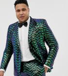 Asos Edition Plus Skinny Tuxedo Jacket In Green Geo Patterned Sequins