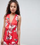 Parisian Tall Floral Romper With Ruffle Shoulder And Bow Tie-red