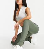 Flounce London Petite Narrow Ribbed Leggings With Side Split In Khaki-green