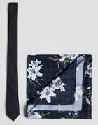 Asos Black Tie And Checkerboard Floral Pocket Square Set - Black