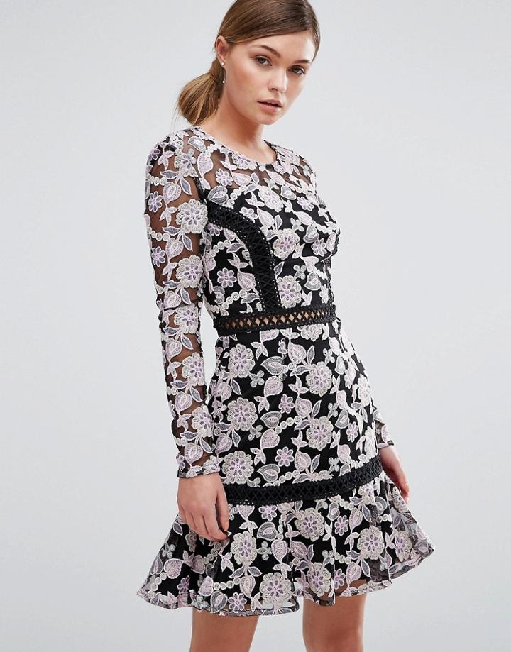 True Decadence Lace Dress With Contrast Ladder Detail And Flippy Skirt - Black