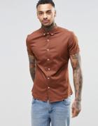 Asos Skinny Shirt In Rust Twill With Short Sleeves - Rust