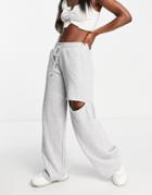 Topshop Wide Leg Sweatpants With Leg Rip In Gray-grey