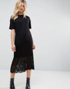 Asos Midi T-shirt Dress With Pleated Lace Hem - Black