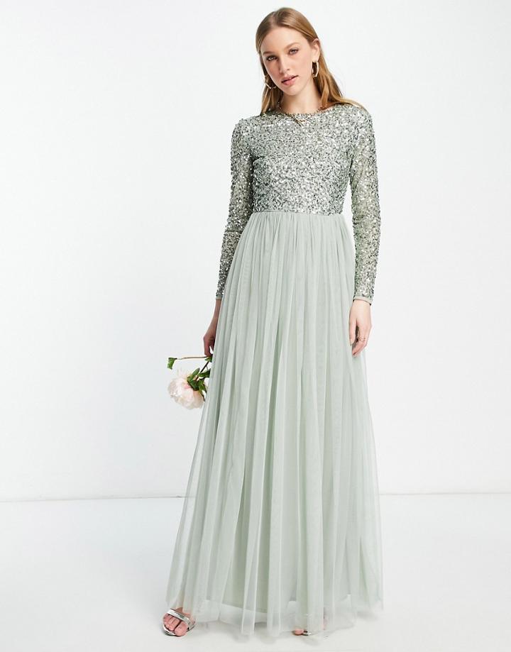 Maya Bridesmaid Long Sleeve Maxi Tulle Dress With Tonal Delicate Sequin In Sage Green