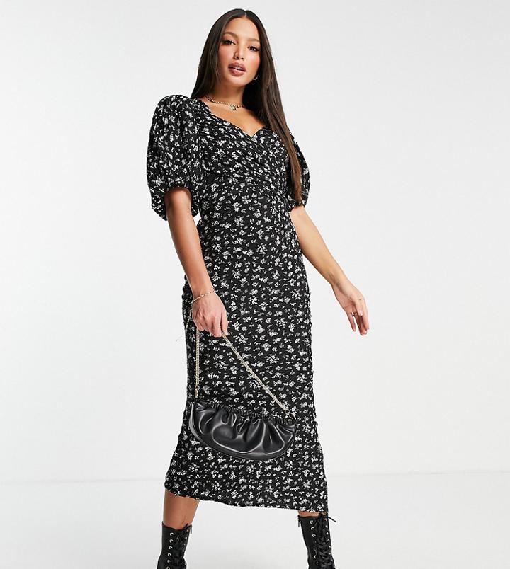 Asos Design Tall Puff Sleeve Wrap Front Midi Dress With Tie Back In Ditsy Print-multi