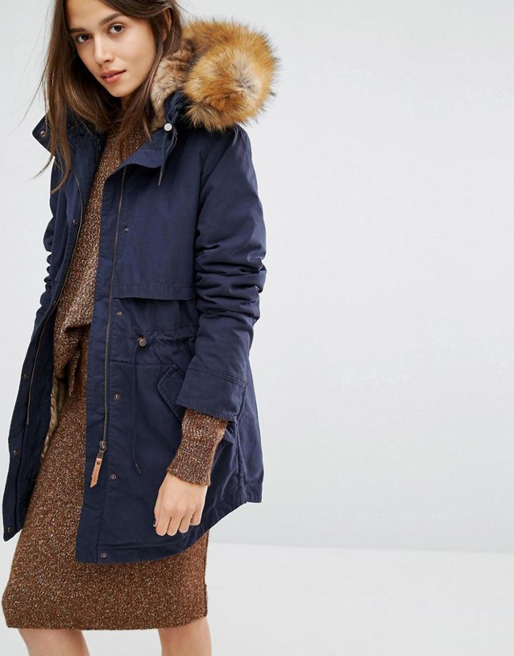 Parka London Lara Classic Parka Jacket With Faux Fur Lined Hood - Navy
