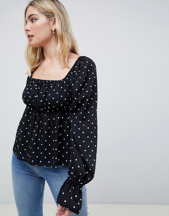 Asos Design Square Neck Blouse In Polka Dot - Multi