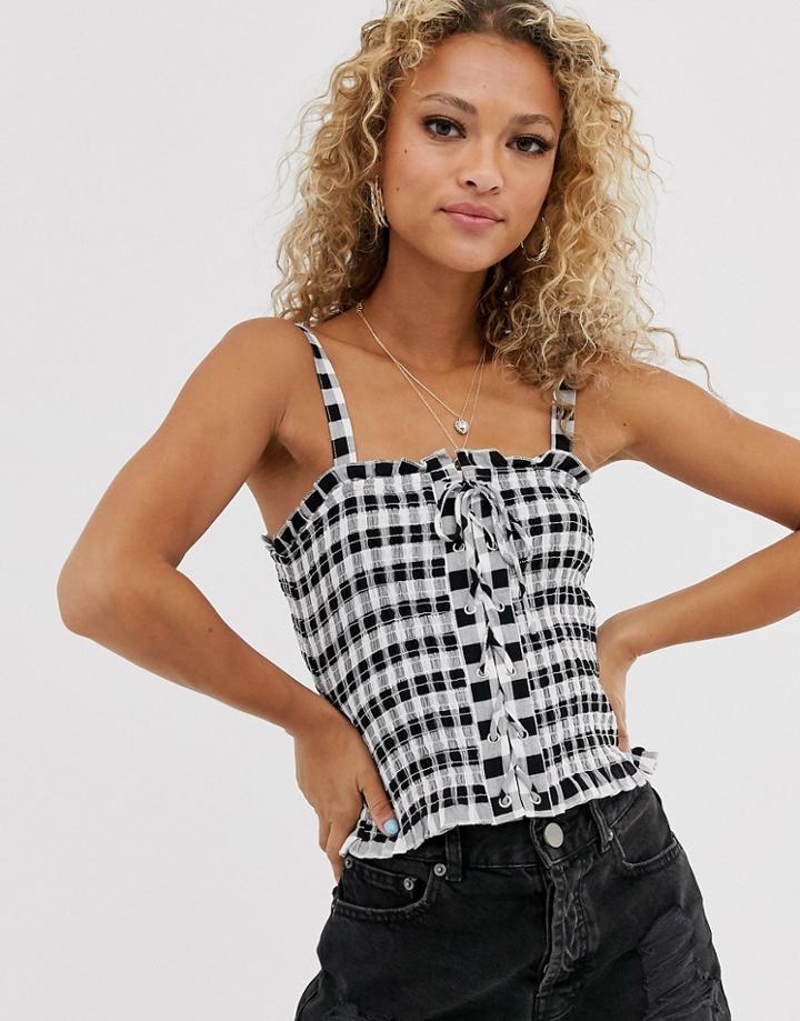 New Look Lace Up Cami In Gingham - Black