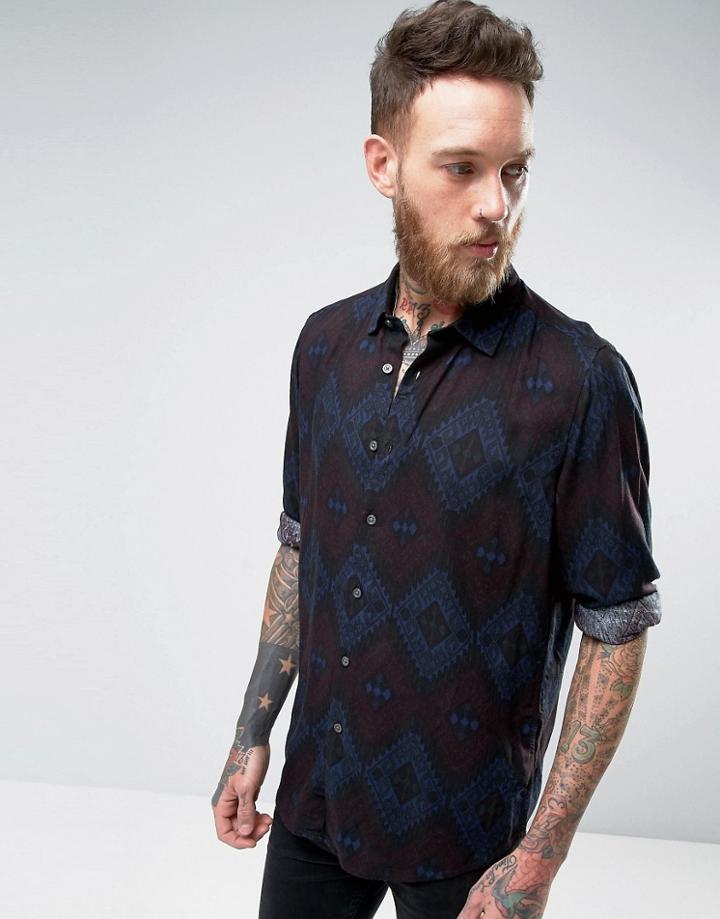 Asos Regular Fit Shirt With Geo-tribal Print - Navy