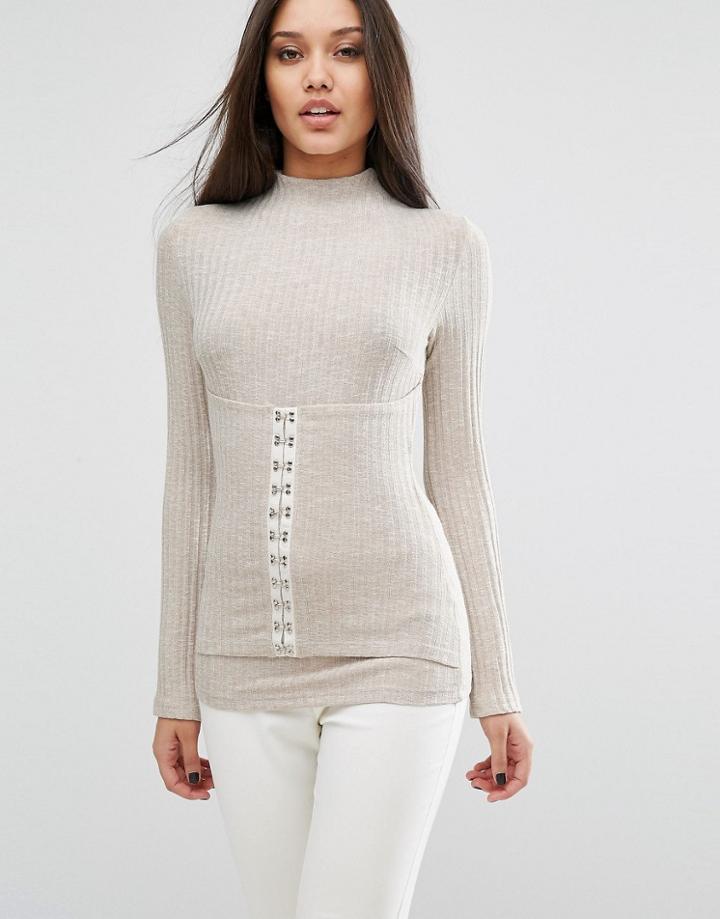 Lavish Alice Ribbed Top With Corset Detail - Beige