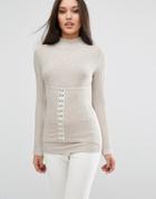 Lavish Alice Ribbed Top With Corset Detail - Beige
