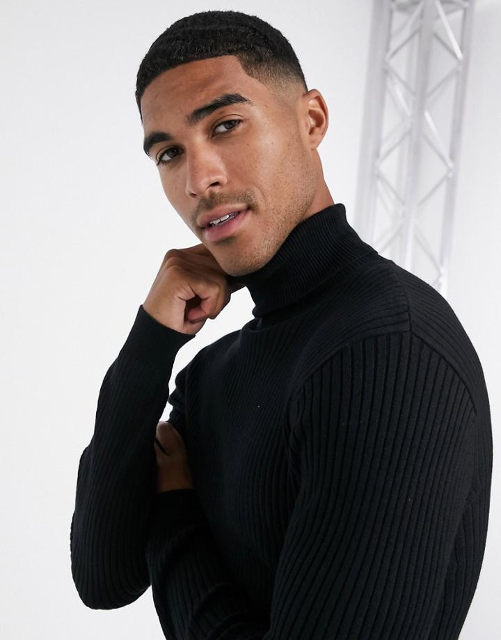 Brave Soul Rib Roll Neck Sweater In 100% Cotton-black