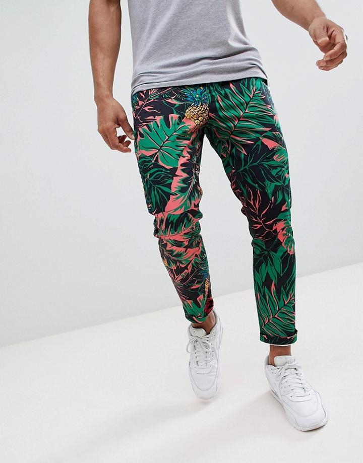 Asos Design Skinny Cropped Pants In Abstract Pineapple Palm Print - Green