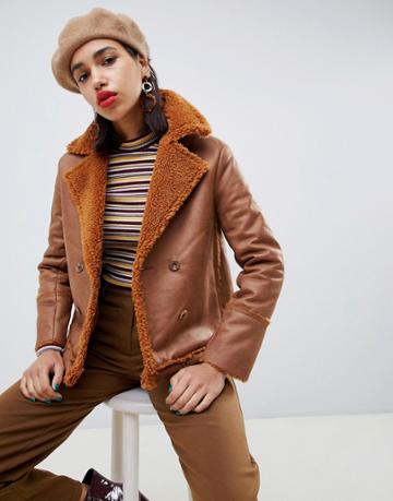 Side Party Mina Faux Sheepskin Double-breasted Coat - Brown