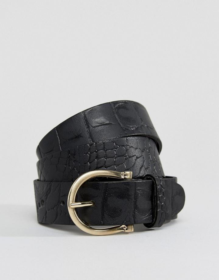 Warehouse Leather Croc Skinny Belt - Black