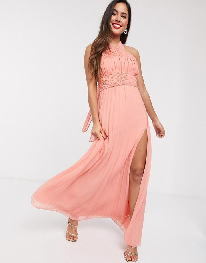 Asos Design Halter Neck Ruched Waist Maxi Dress With Pleat Skirt-green