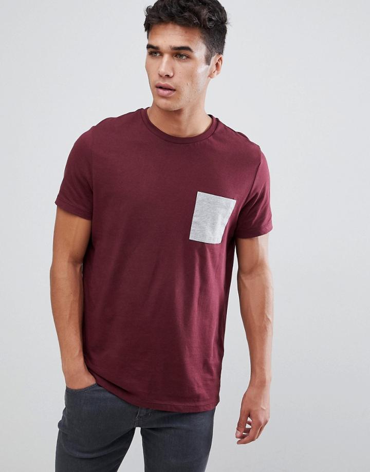 Asos Design T-shirt With Contrast Pocket In Burgundy - Red