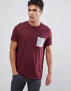 Asos Design T-shirt With Contrast Pocket In Burgundy - Red